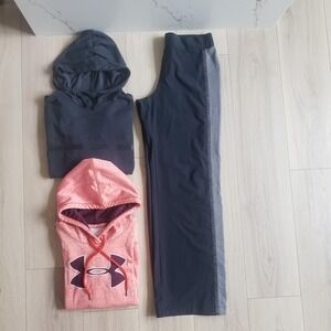 Under Armour Sweatsuit Set Womens M Black Pink Hoodies Track Pants Fleece Logo